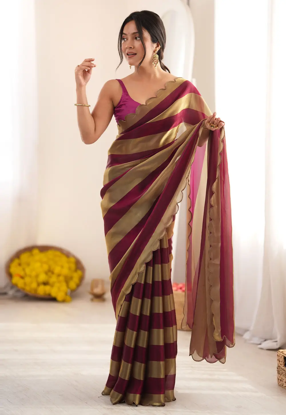 Wine Satin Saree With Blouse 336227