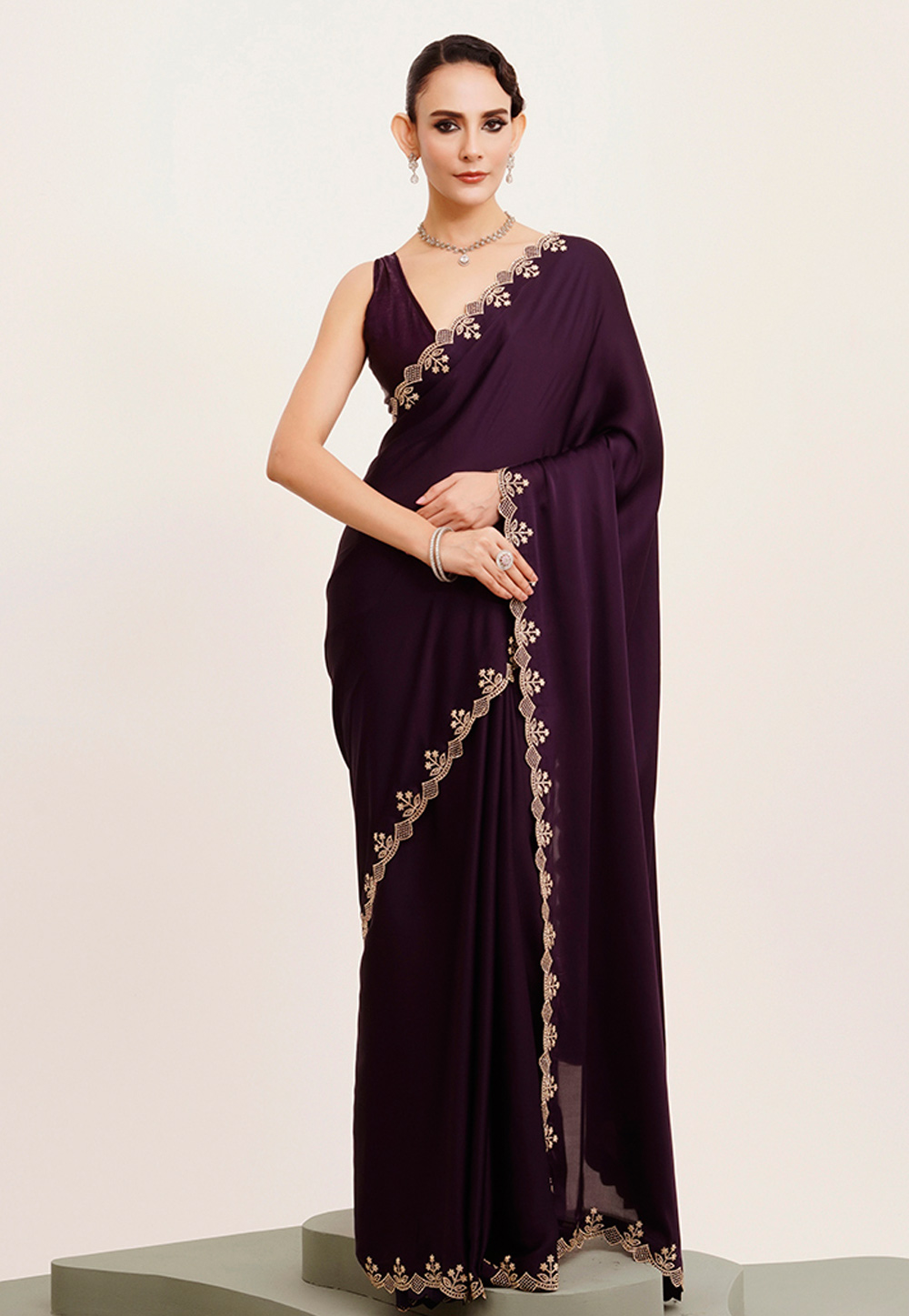 Wine Satin Saree With Blouse 312107