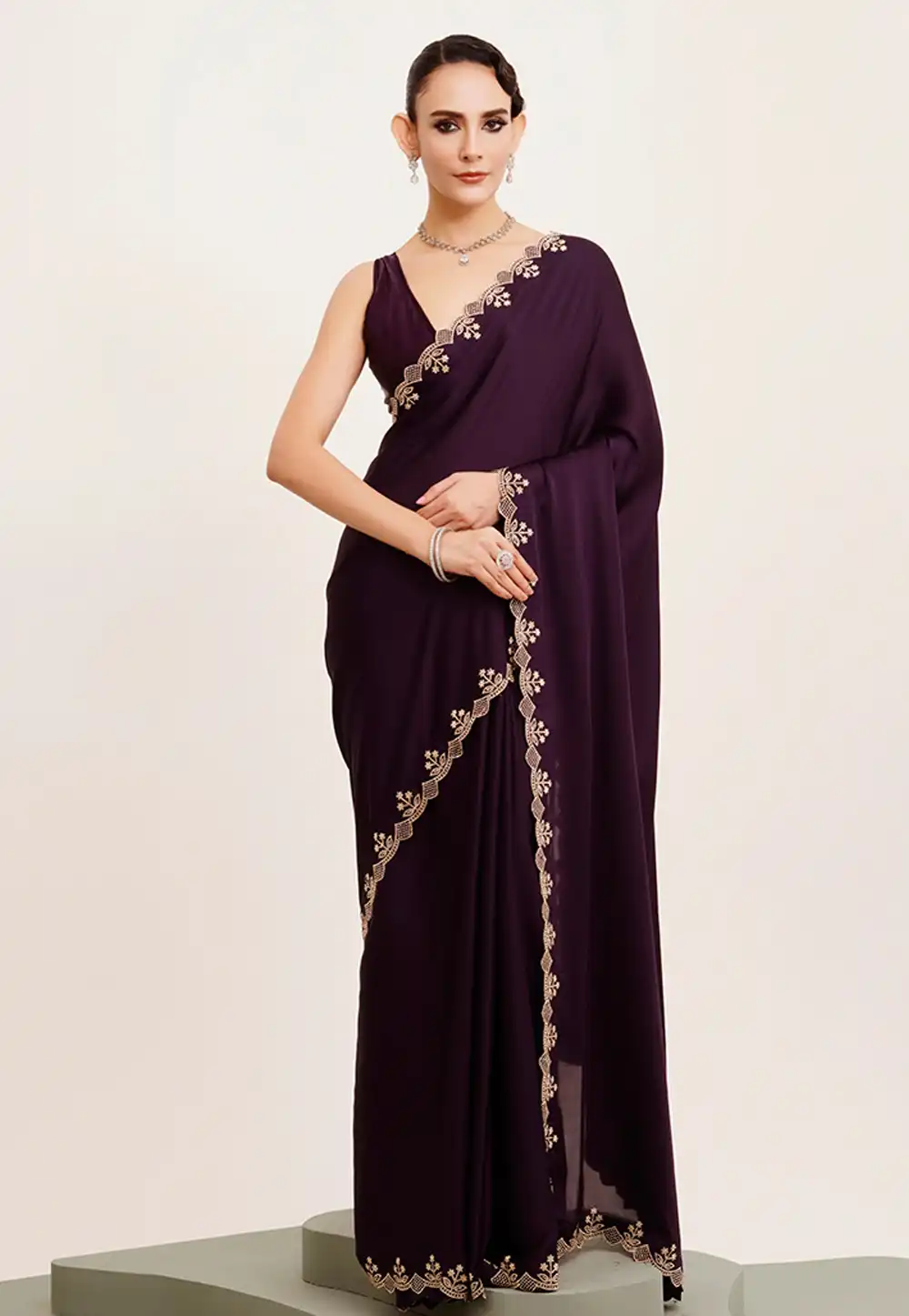 Wine Satin Saree With Blouse 312107