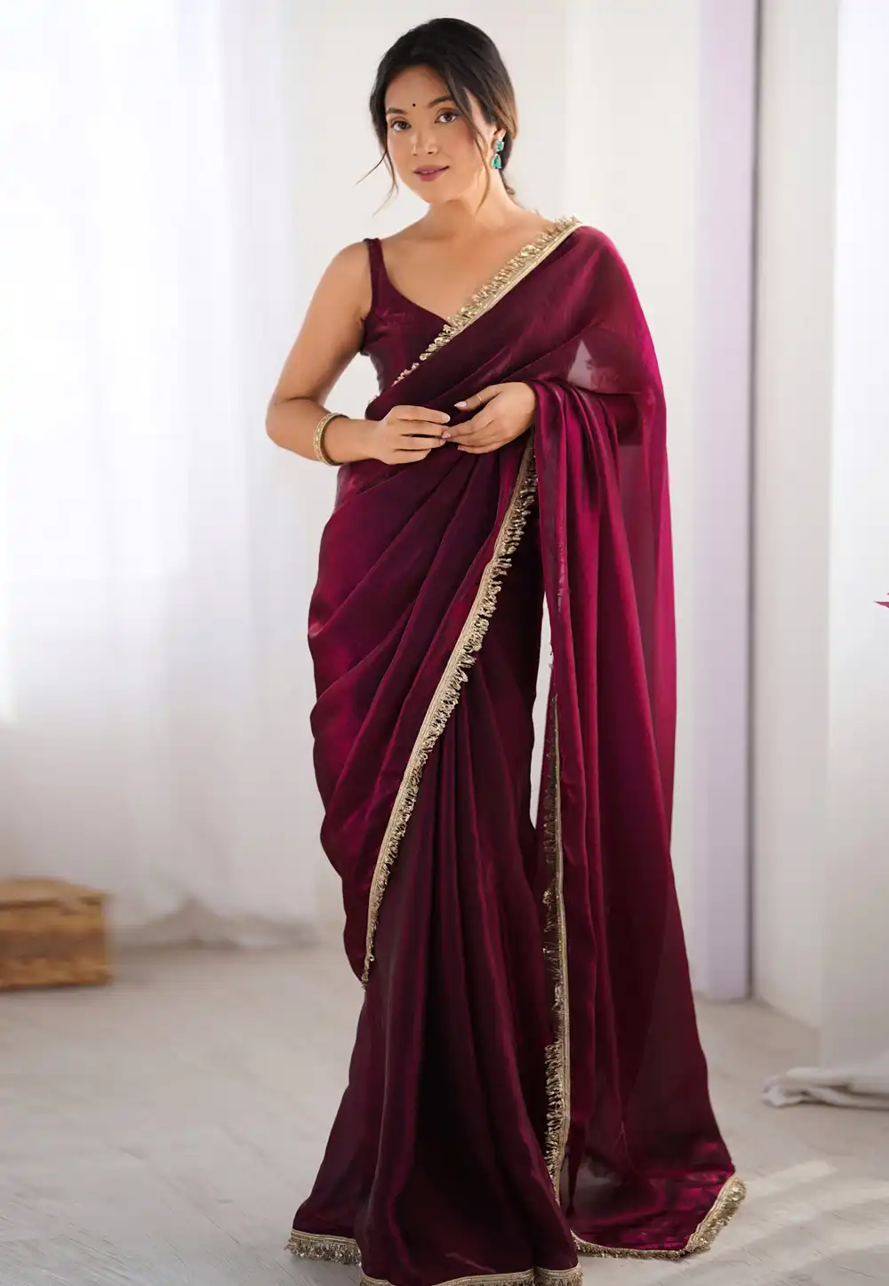 Wine Satin Saree With Blouse 314259