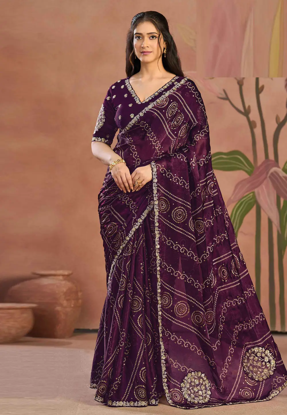 Wine Satin Silk Bandhani Print Saree 333505