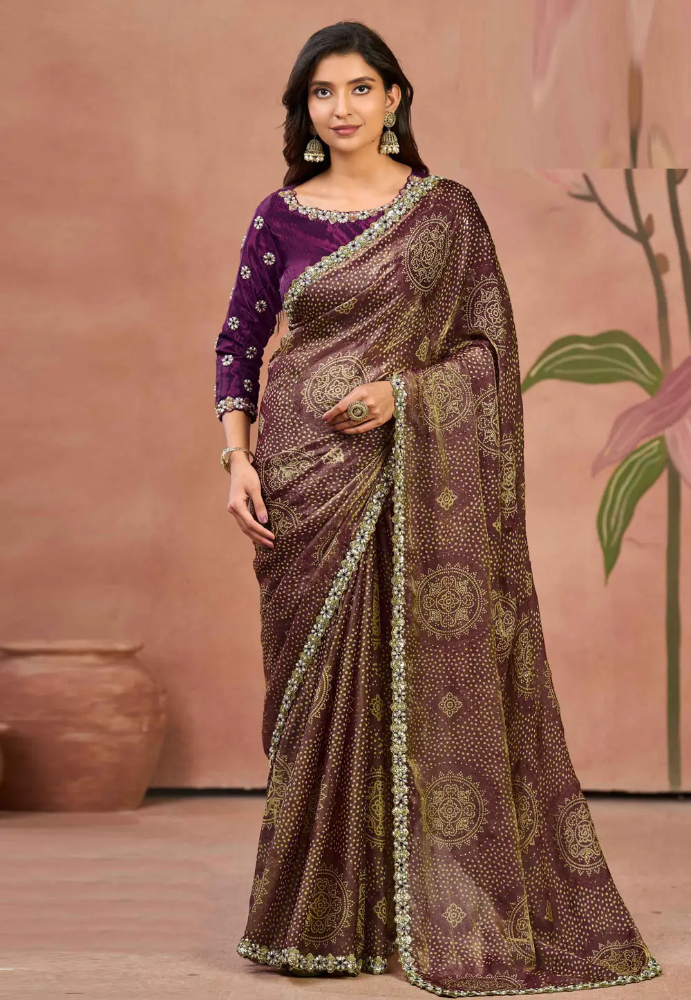 Wine Satin Silk Bandhani Print Saree 333507