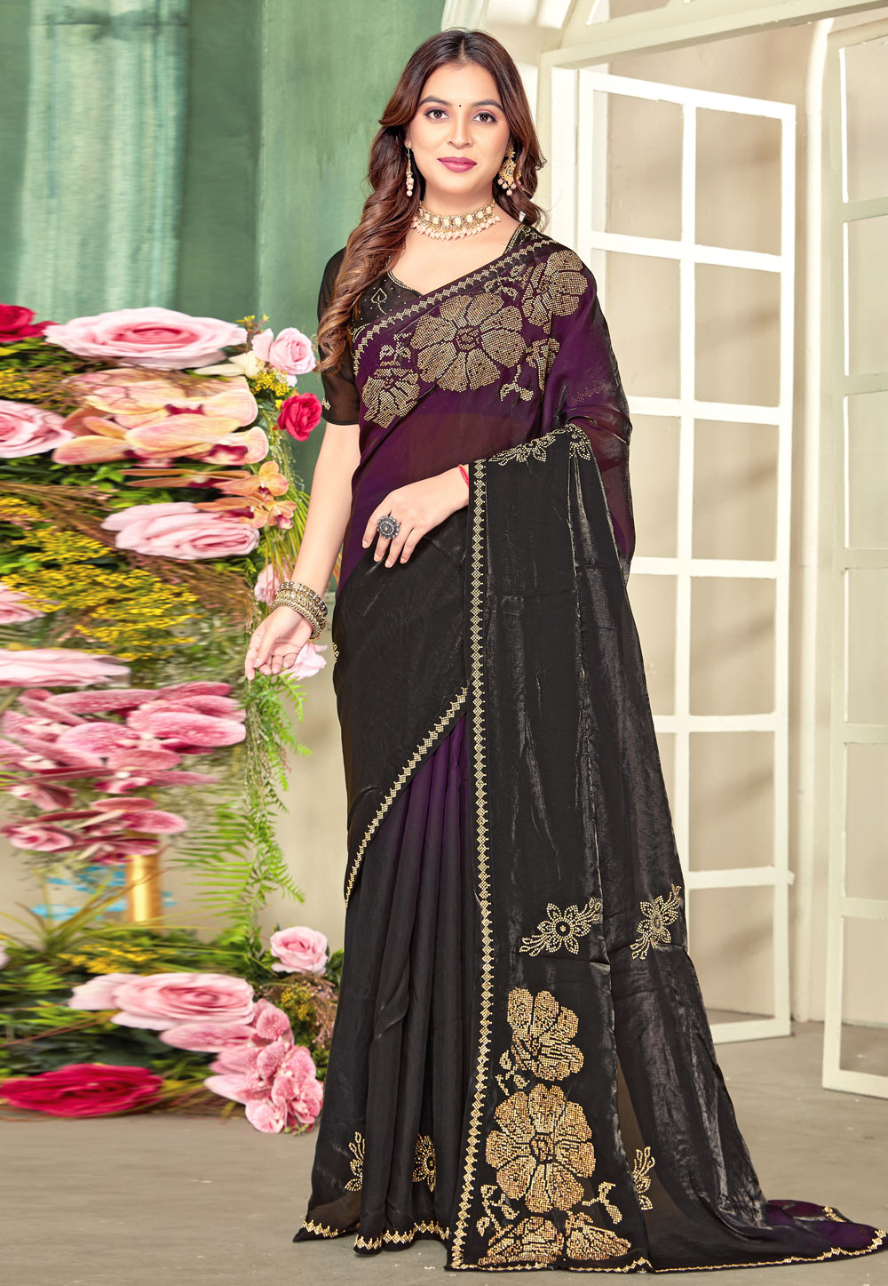 Wine Satin Silk Half N Half Saree 320161