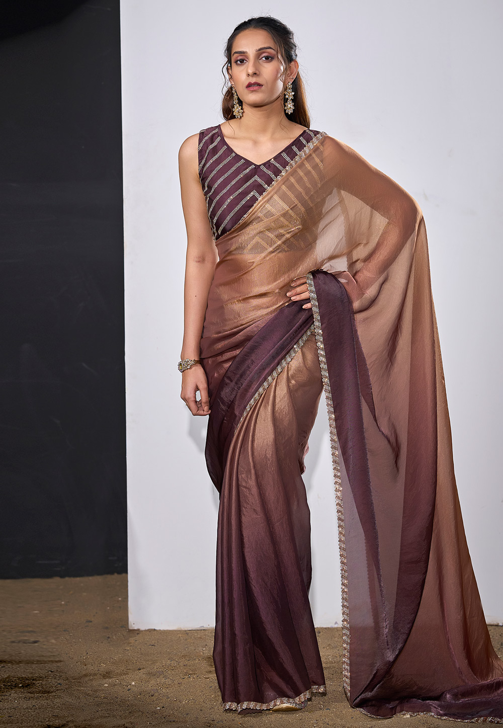 Wine Satin Silk Half N Half Saree 327795