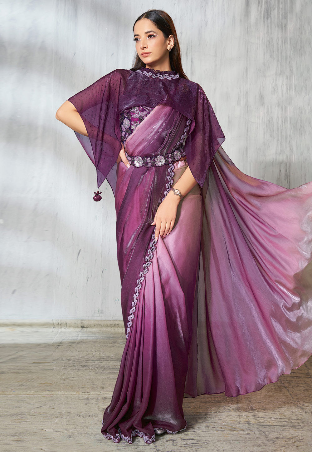 Wine Satin Silk Lehenga Saree 315391