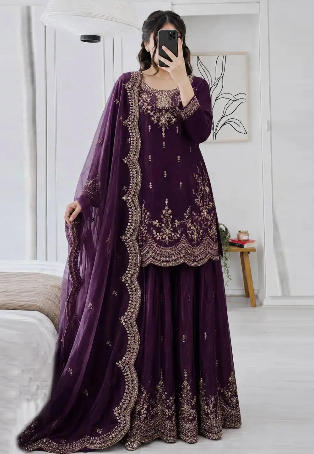 Wine Satin Silk Readymade Palazzo Suit 332327