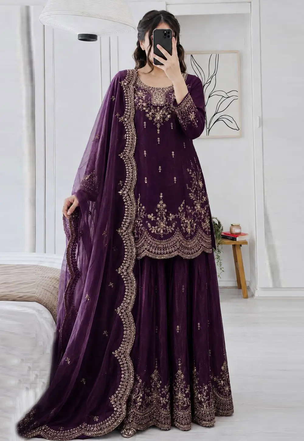 Wine Satin Silk Readymade Palazzo Suit 332327