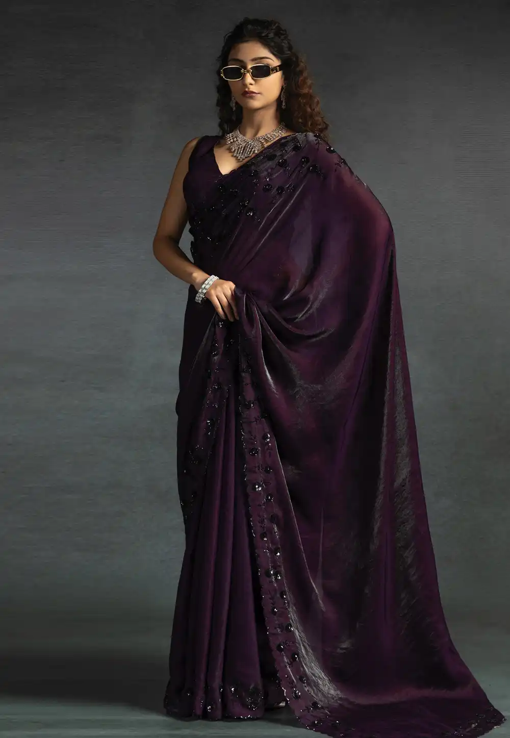 Wine Satin Silk Saree With Blouse 307690