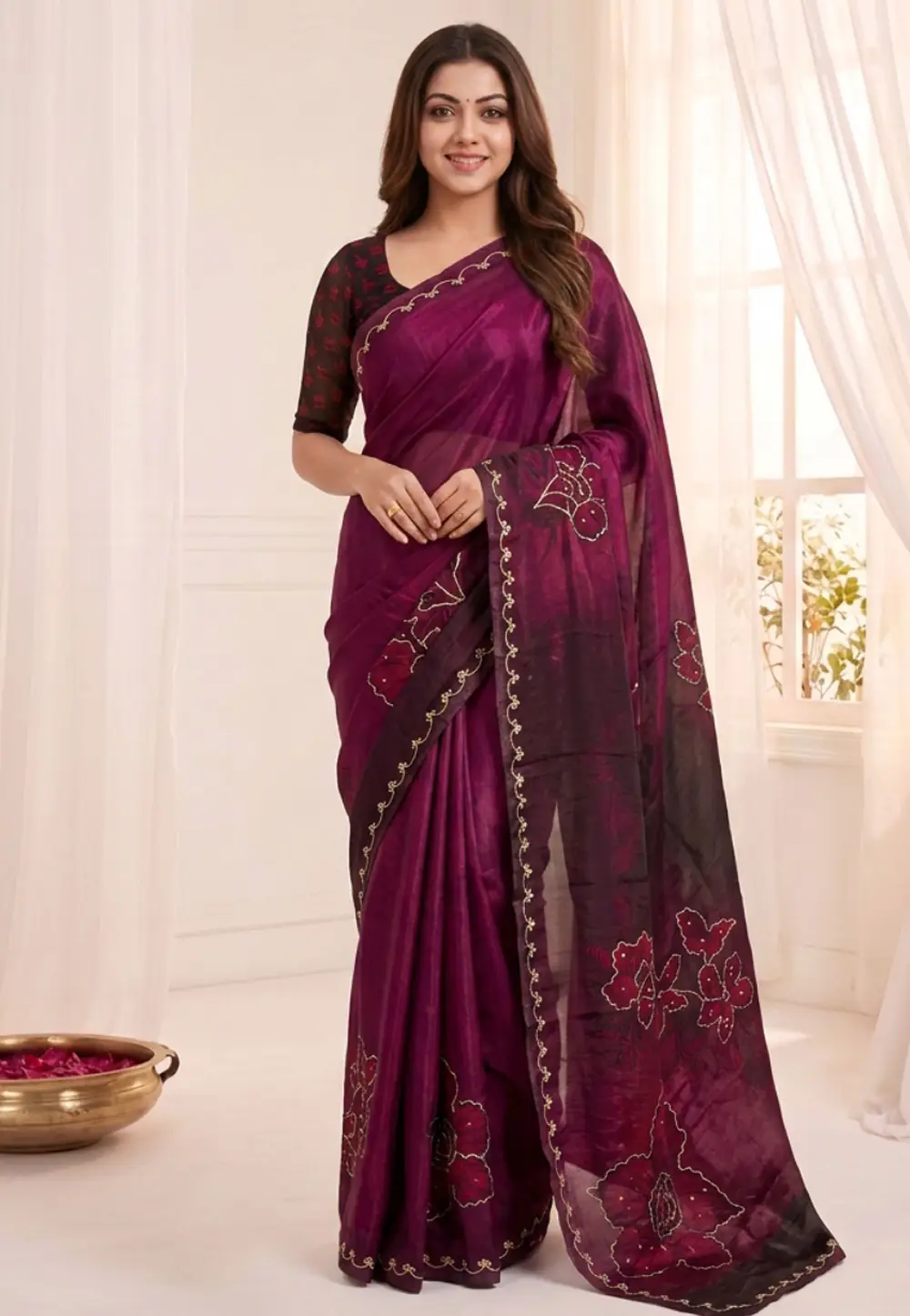 Wine Satin Silk Saree With Blouse 336625