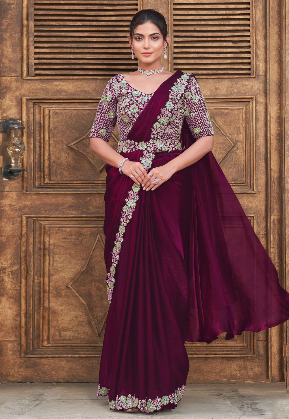 Wine Satin Silk Saree With Blouse 307002