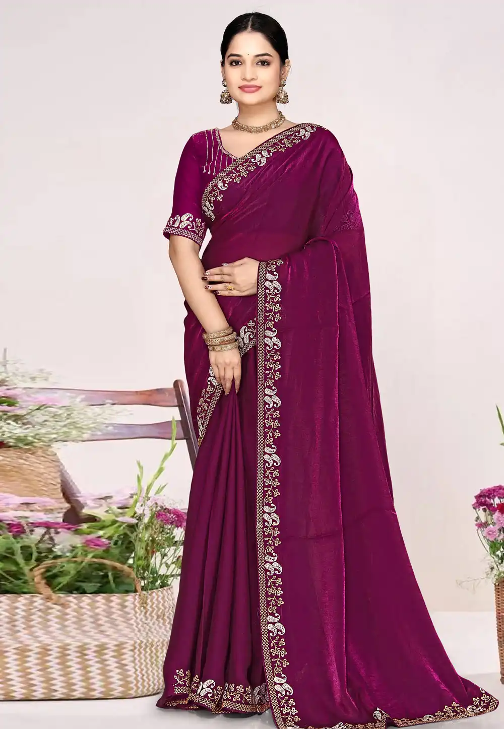 Wine Satin Silk Saree With Blouse 326866
