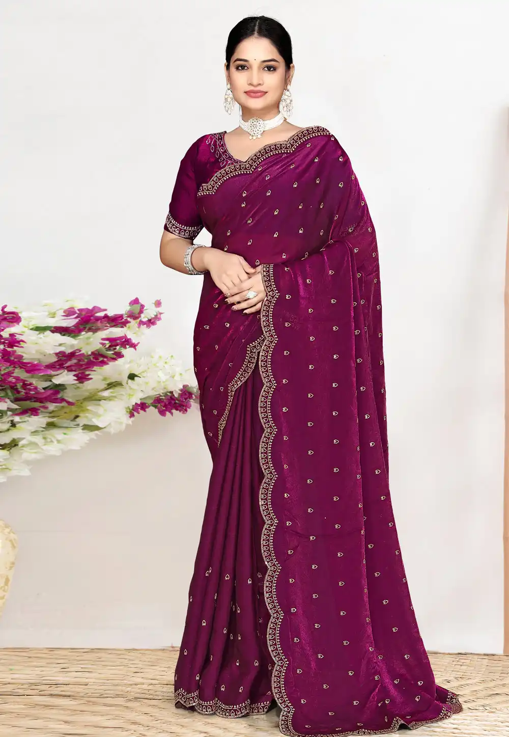 Wine Satin Silk Saree With Blouse 327225