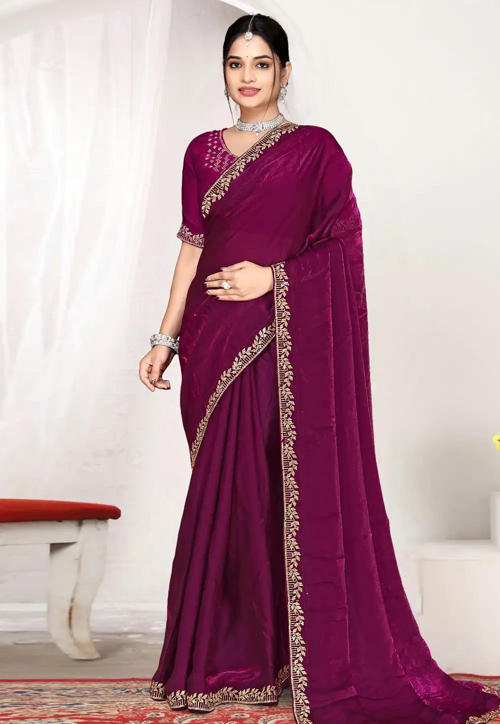 Wine Satin Silk Saree With Blouse 327392