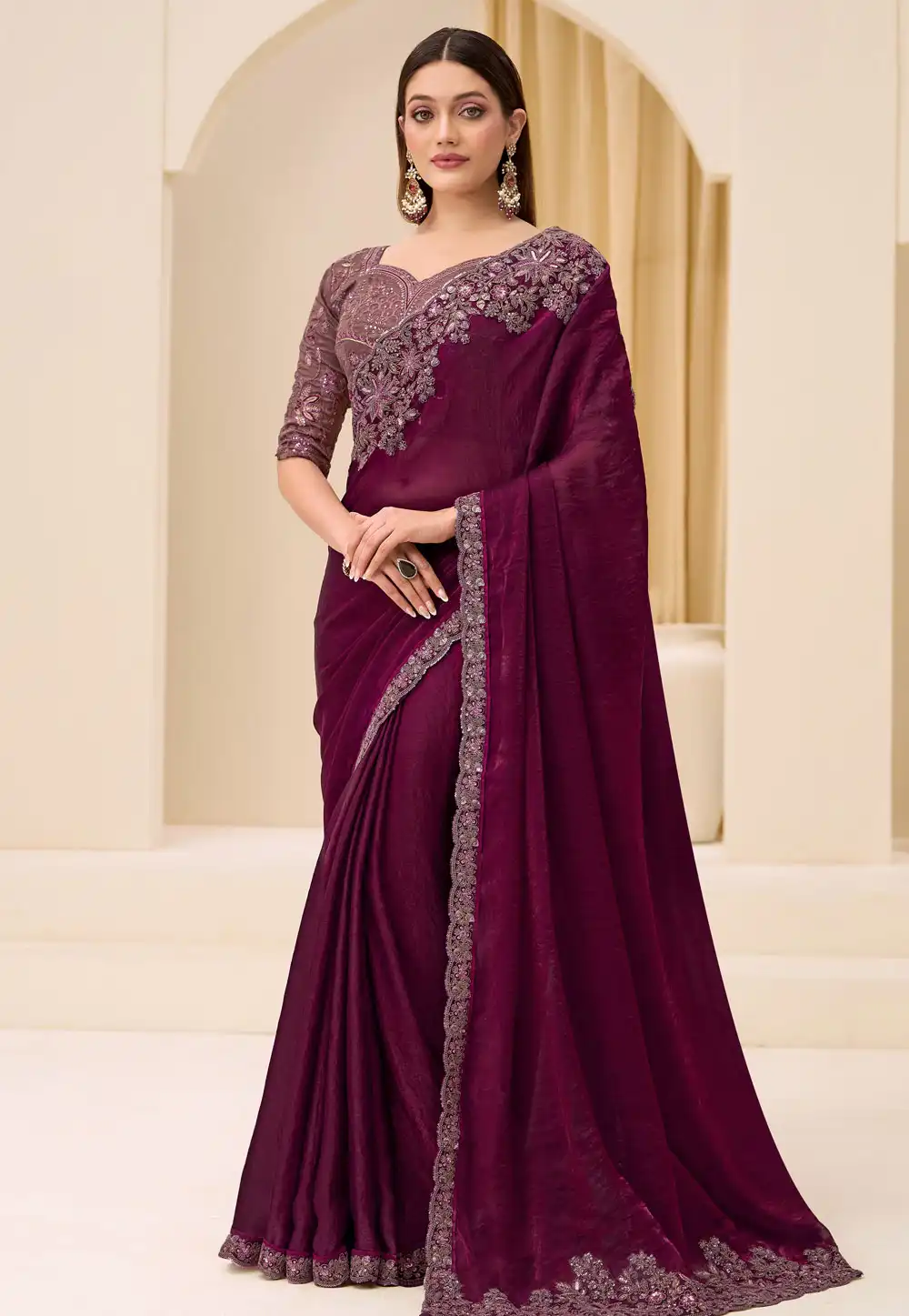 Wine Satin Silk Saree With Blouse 326394