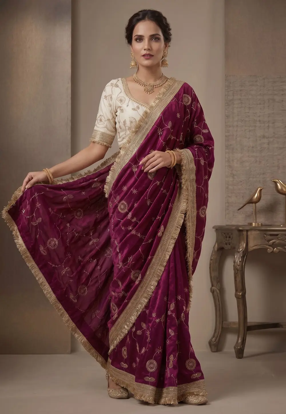 Wine Satin Silk Saree With Blouse 333655