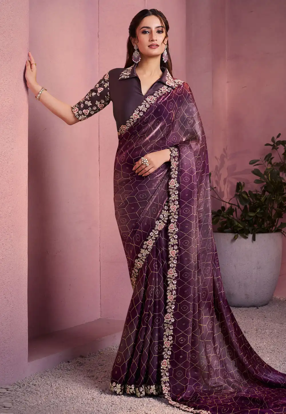 Wine Satin Silk Saree With Blouse 317512