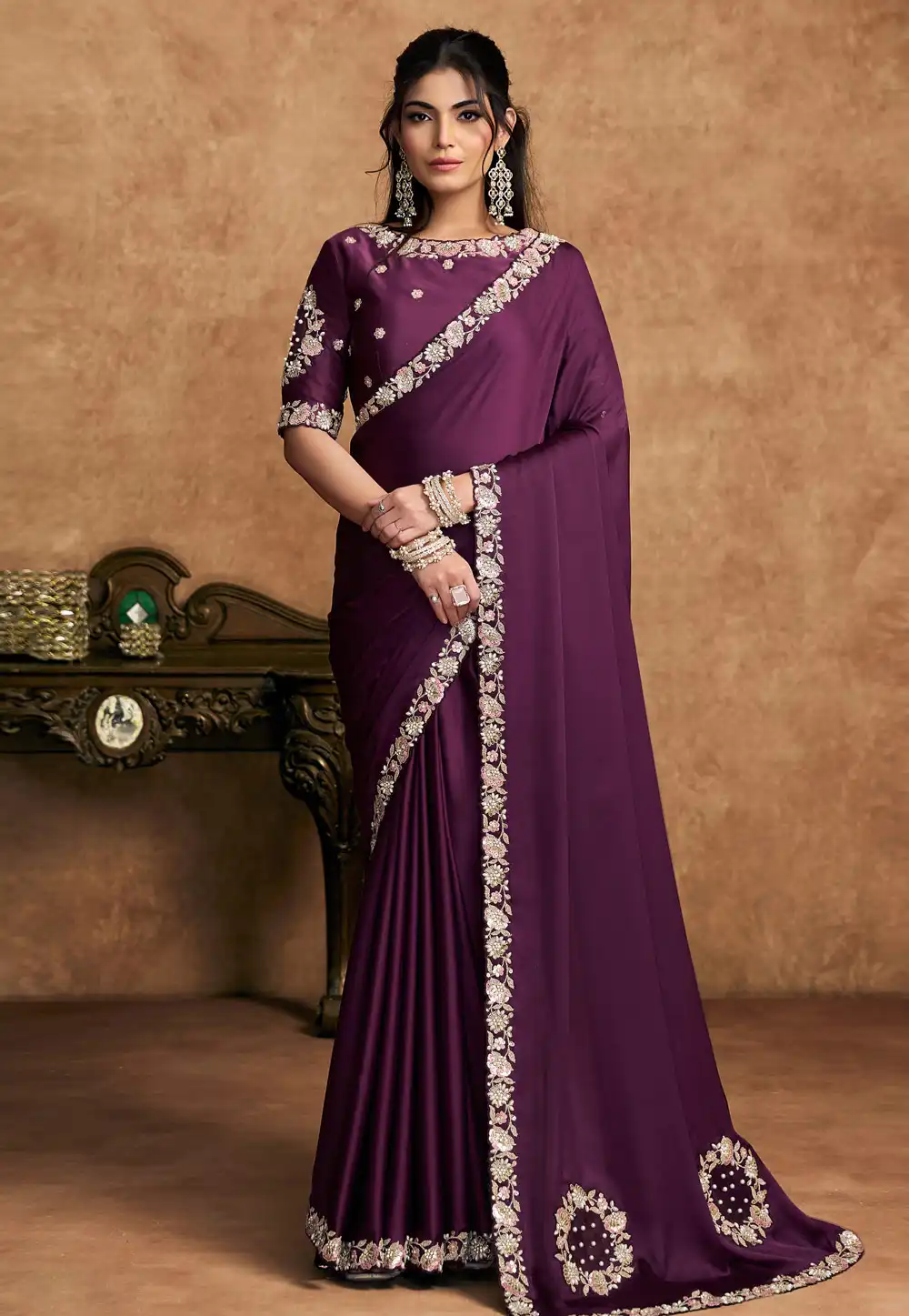 Wine Satin Silk Saree With Blouse 326456