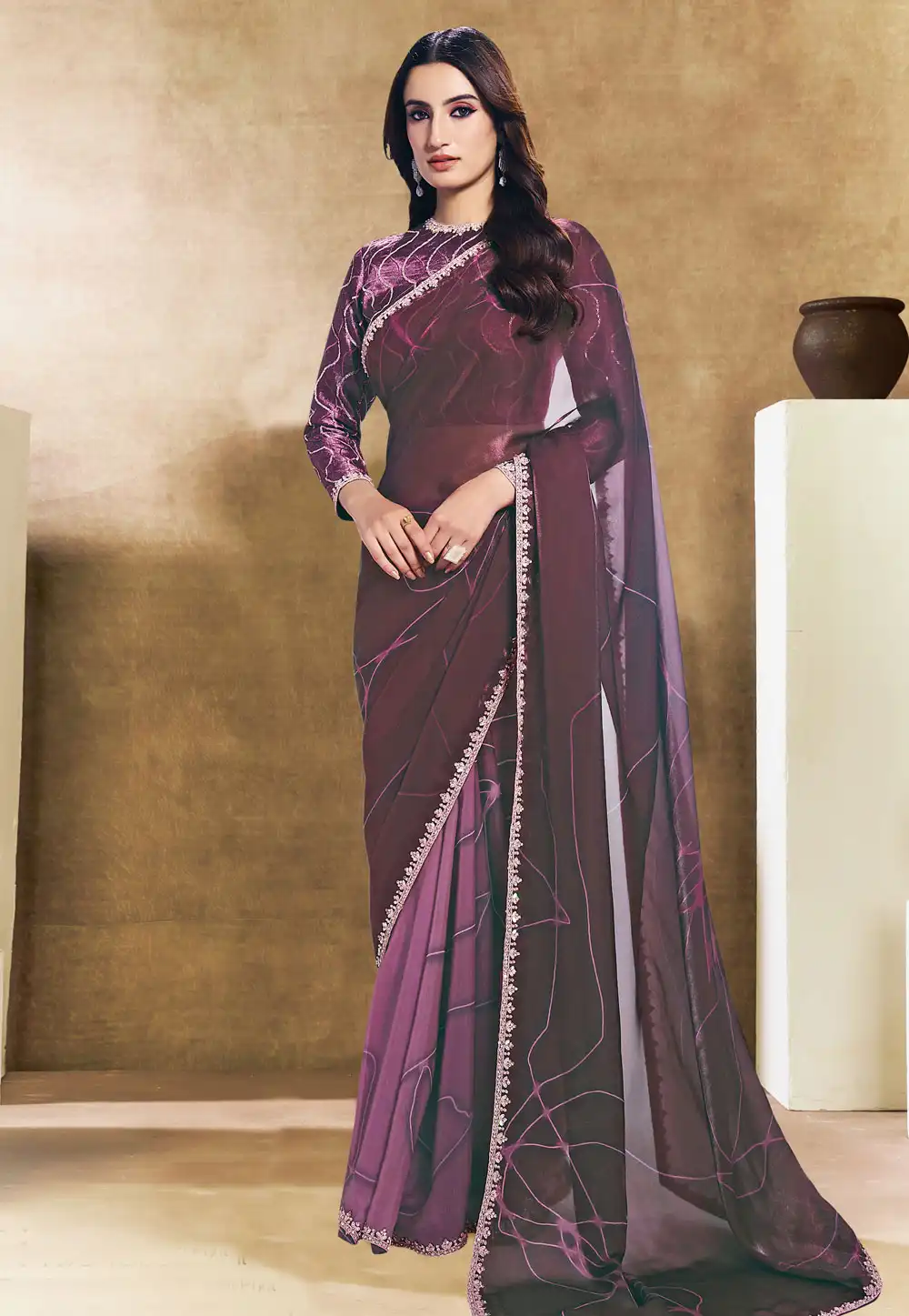 Wine Satin Silk Saree With Blouse 328492
