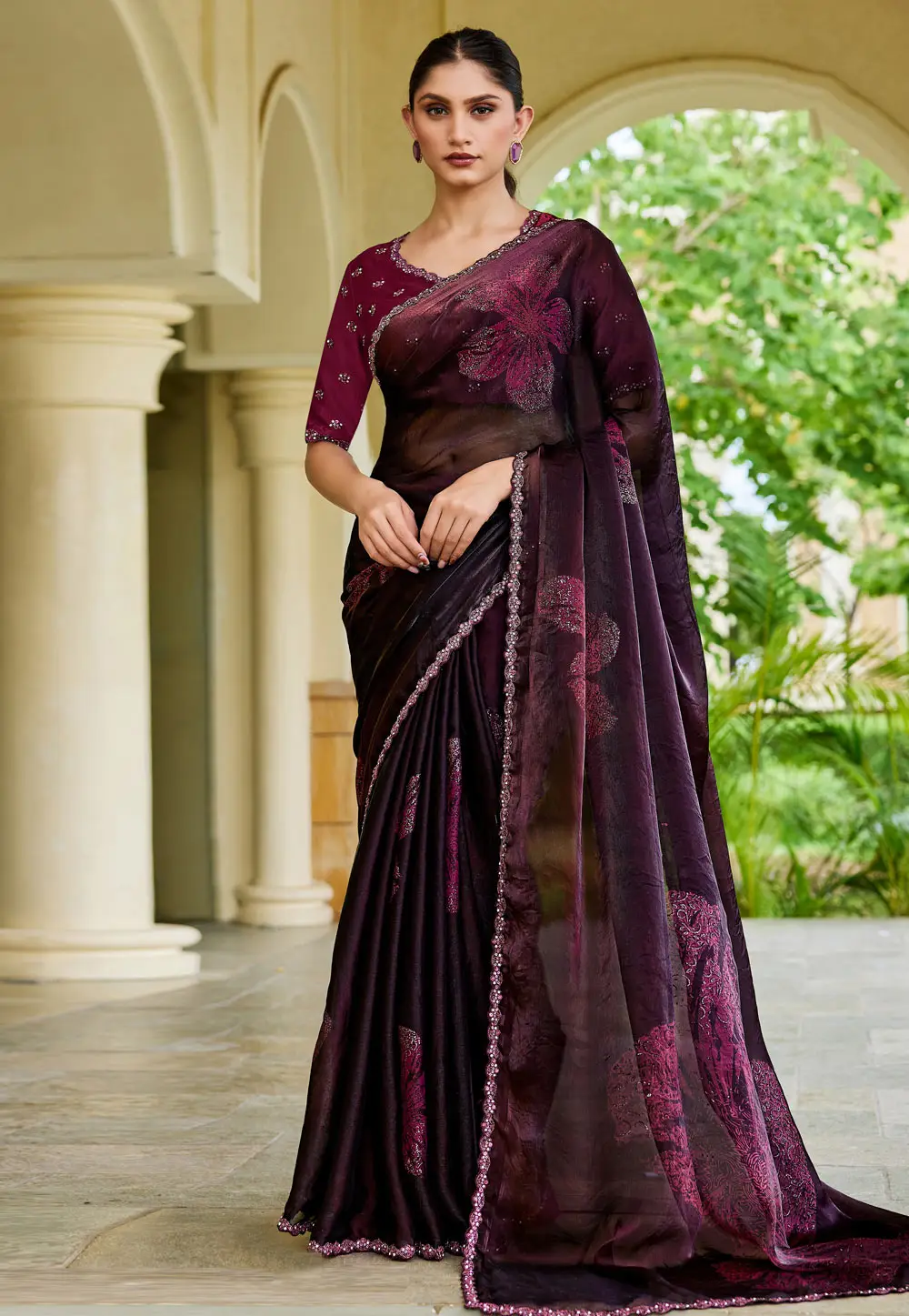 Wine Satin Silk Saree With Blouse 335643
