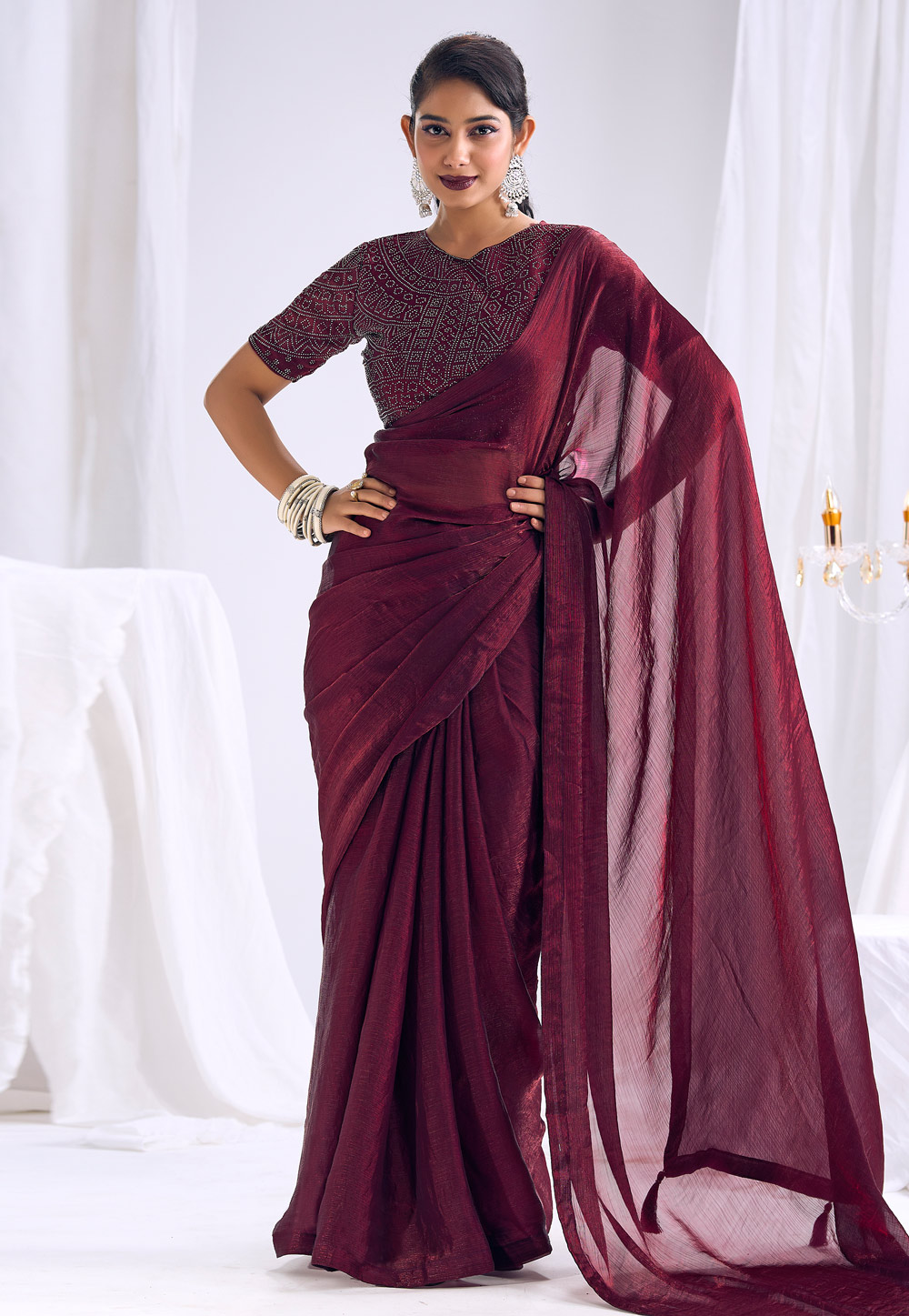 Wine Satin Silk Saree With Blouse 327775