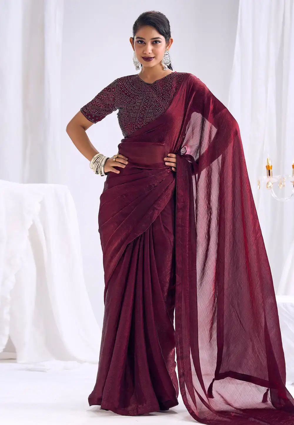 Wine Satin Silk Saree With Blouse 327775