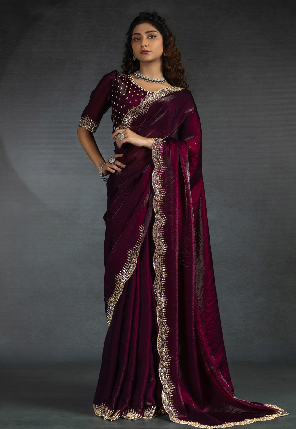 Wine Satin Silk Saree With Blouse 307982