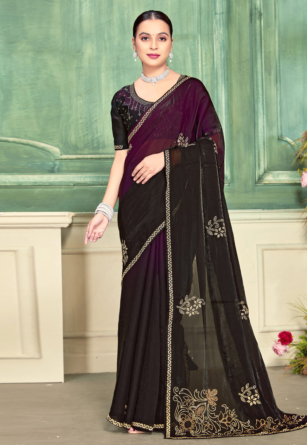 Wine Satin Silk Saree With Blouse 319493