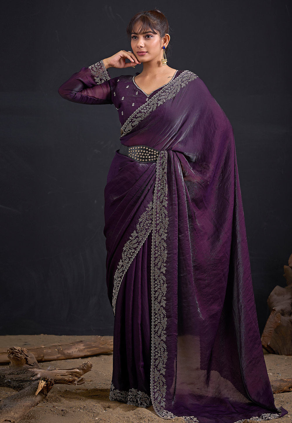 Wine Satin Silk Saree With Blouse 327588