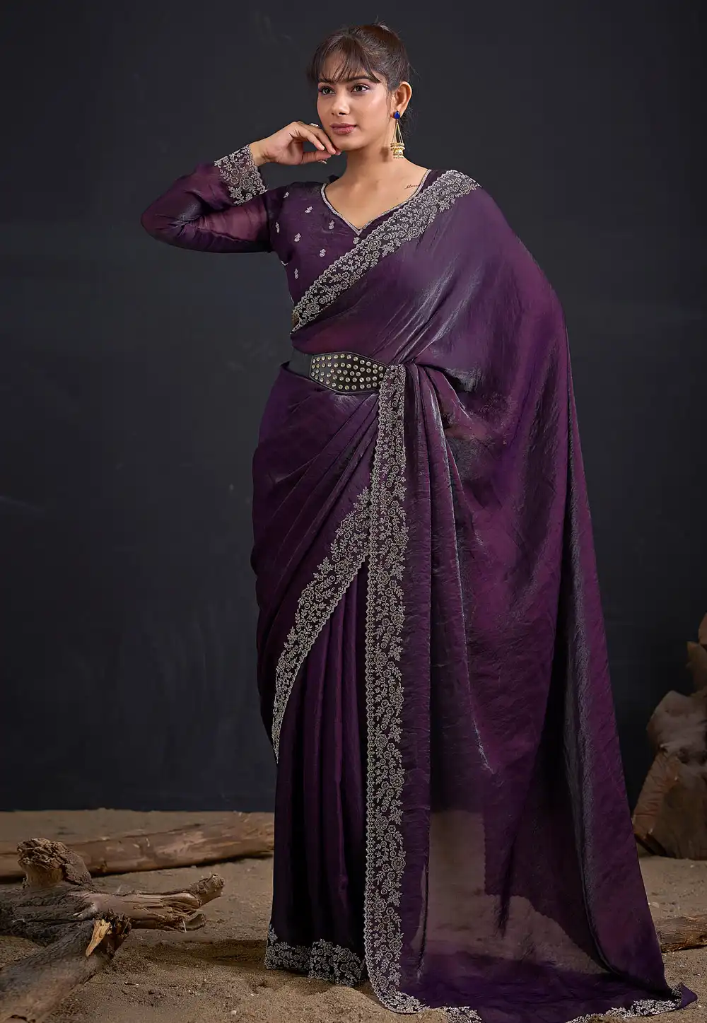 Wine Satin Silk Saree With Blouse 327588