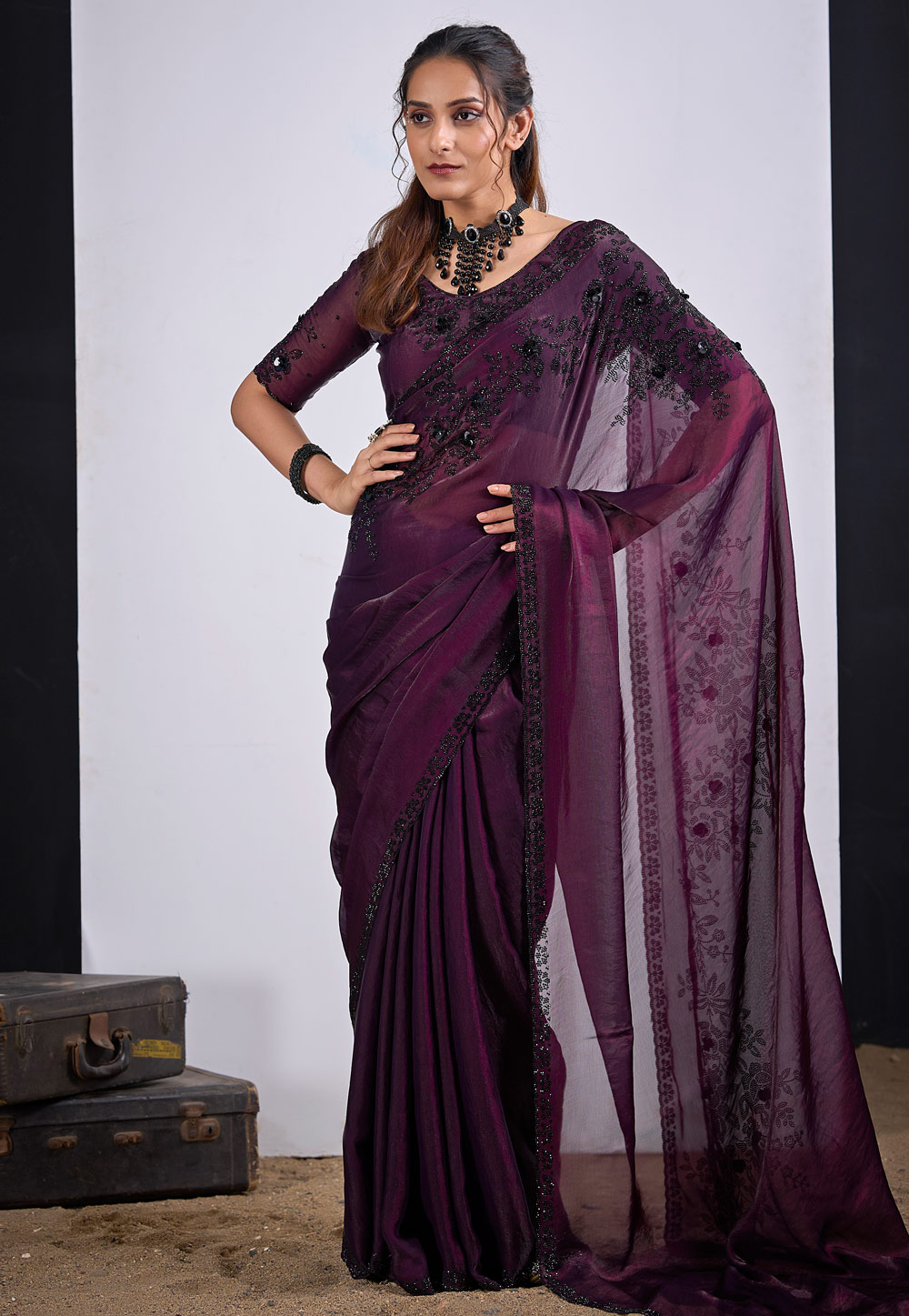 Wine Satin Silk Saree With Blouse 327575