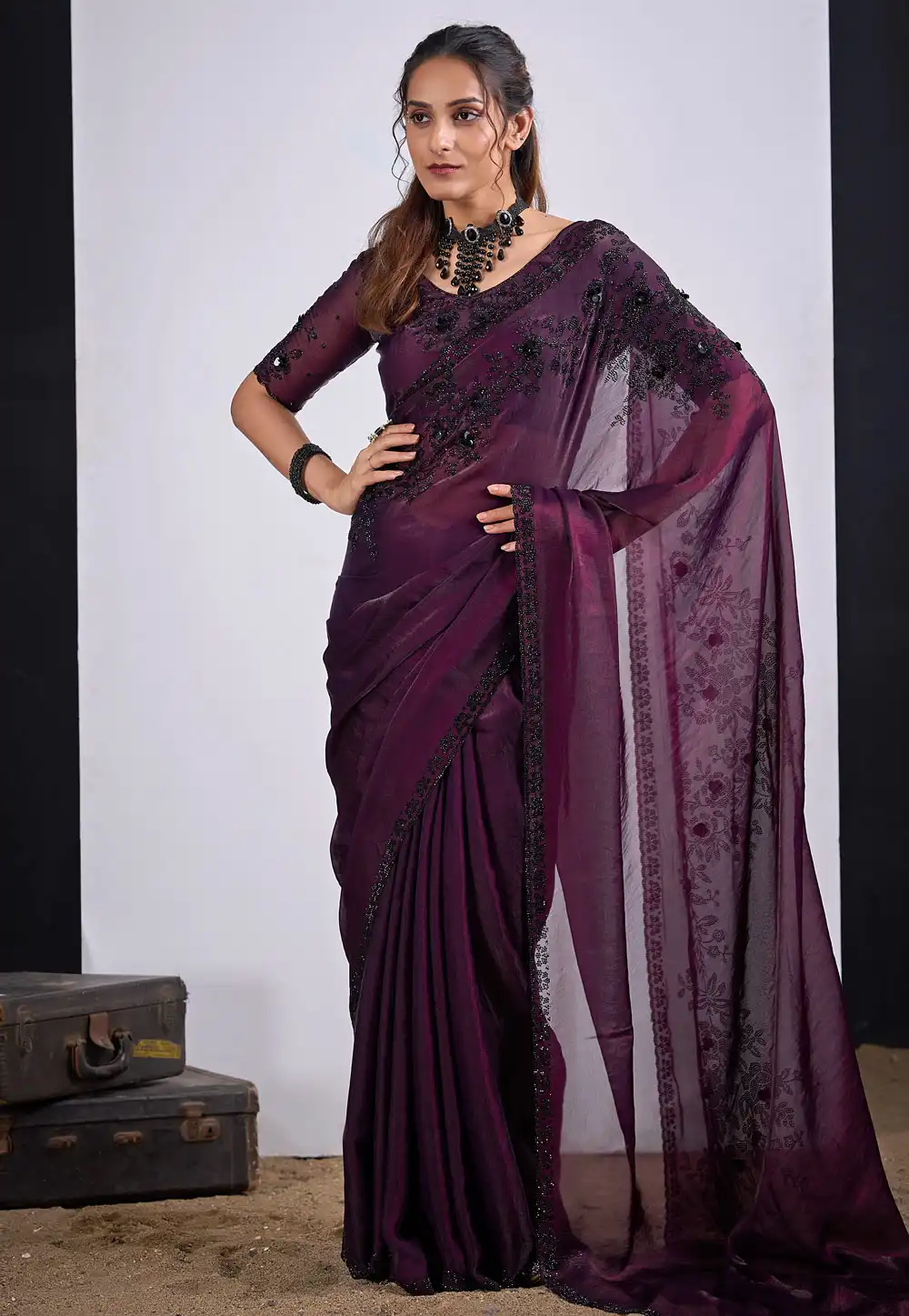 Wine Satin Silk Saree With Blouse 327575