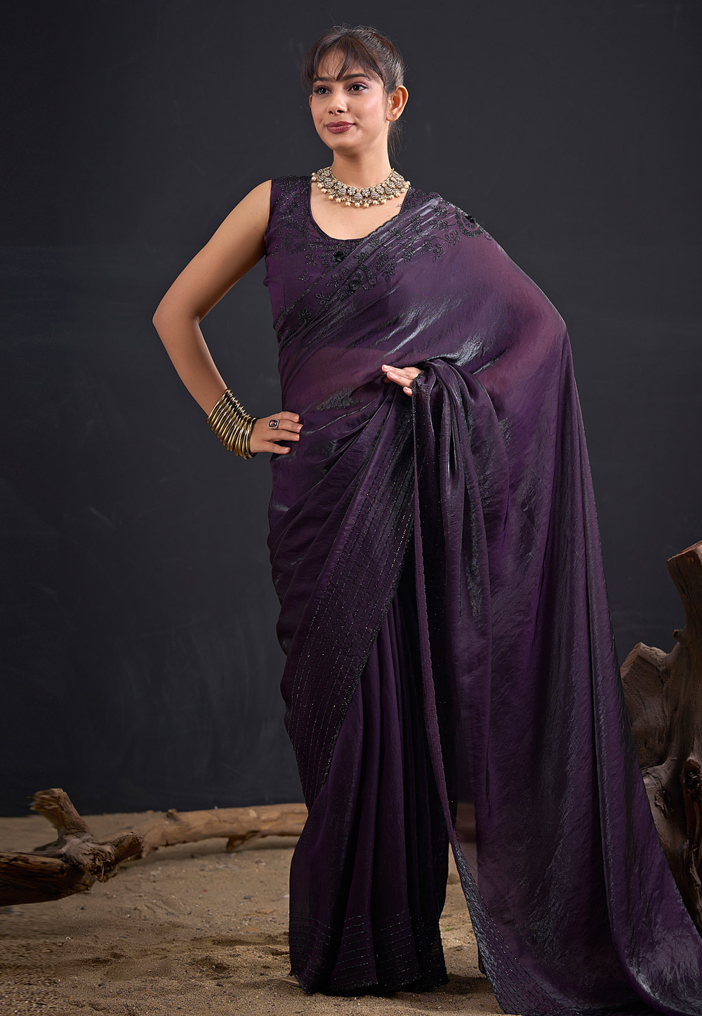 Wine Satin Silk Saree With Blouse 327618