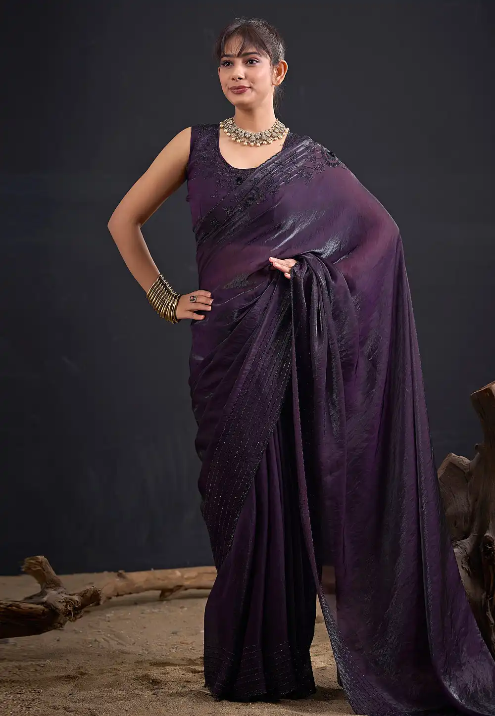 Wine Satin Silk Saree With Blouse 327618