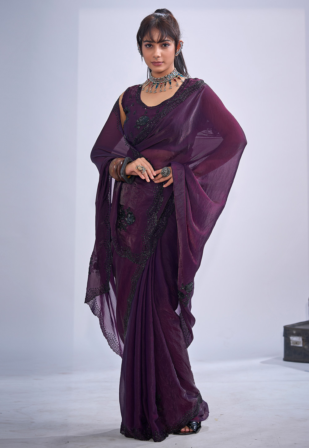 Wine Satin Silk Saree With Blouse 327590