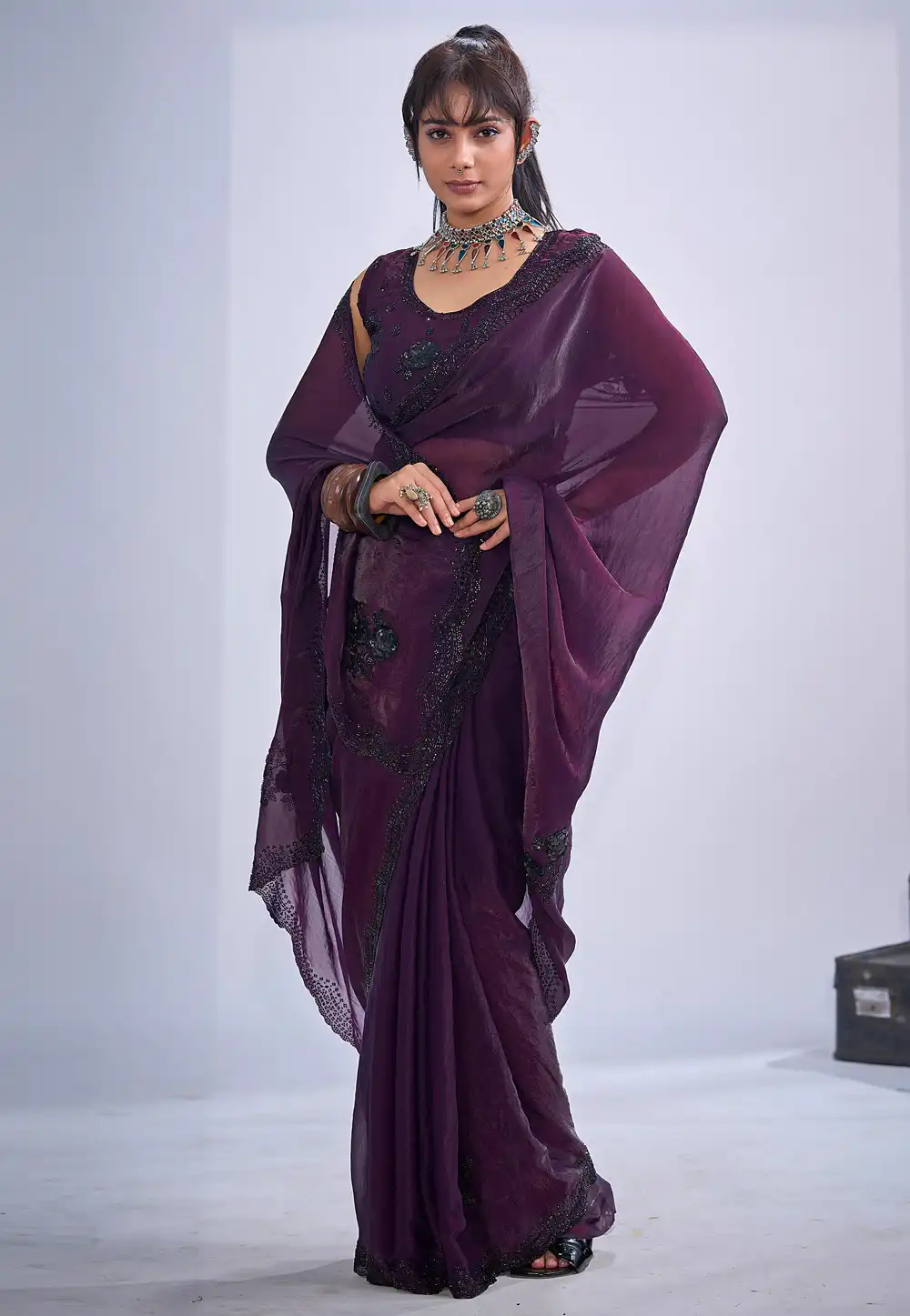 Wine Satin Silk Saree With Blouse 327590