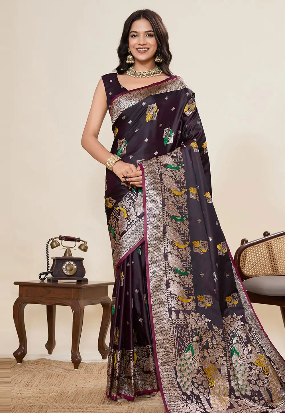 Wine Satin Silk Saree With Blouse 317240