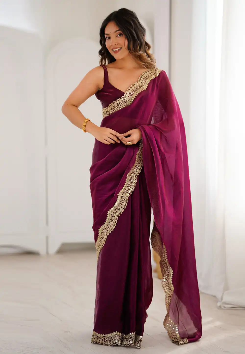 Wine Satin Silk Saree With Blouse 326715
