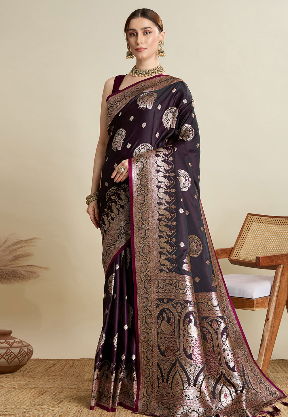 Wine Satin Silk Saree With Blouse 311606