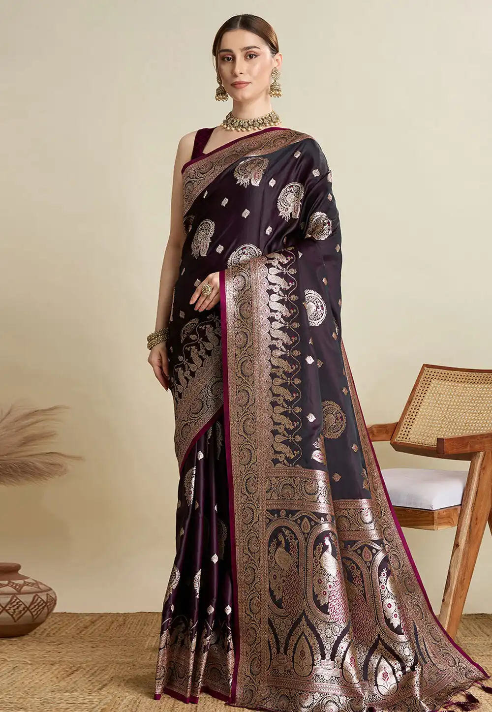 Wine Satin Silk Saree With Blouse 311606