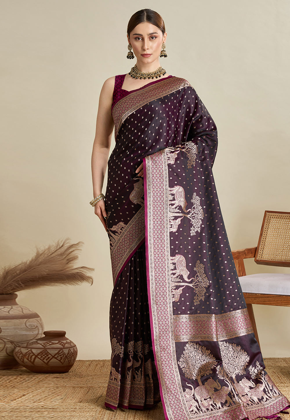 Wine Satin Silk Saree With Blouse 311804
