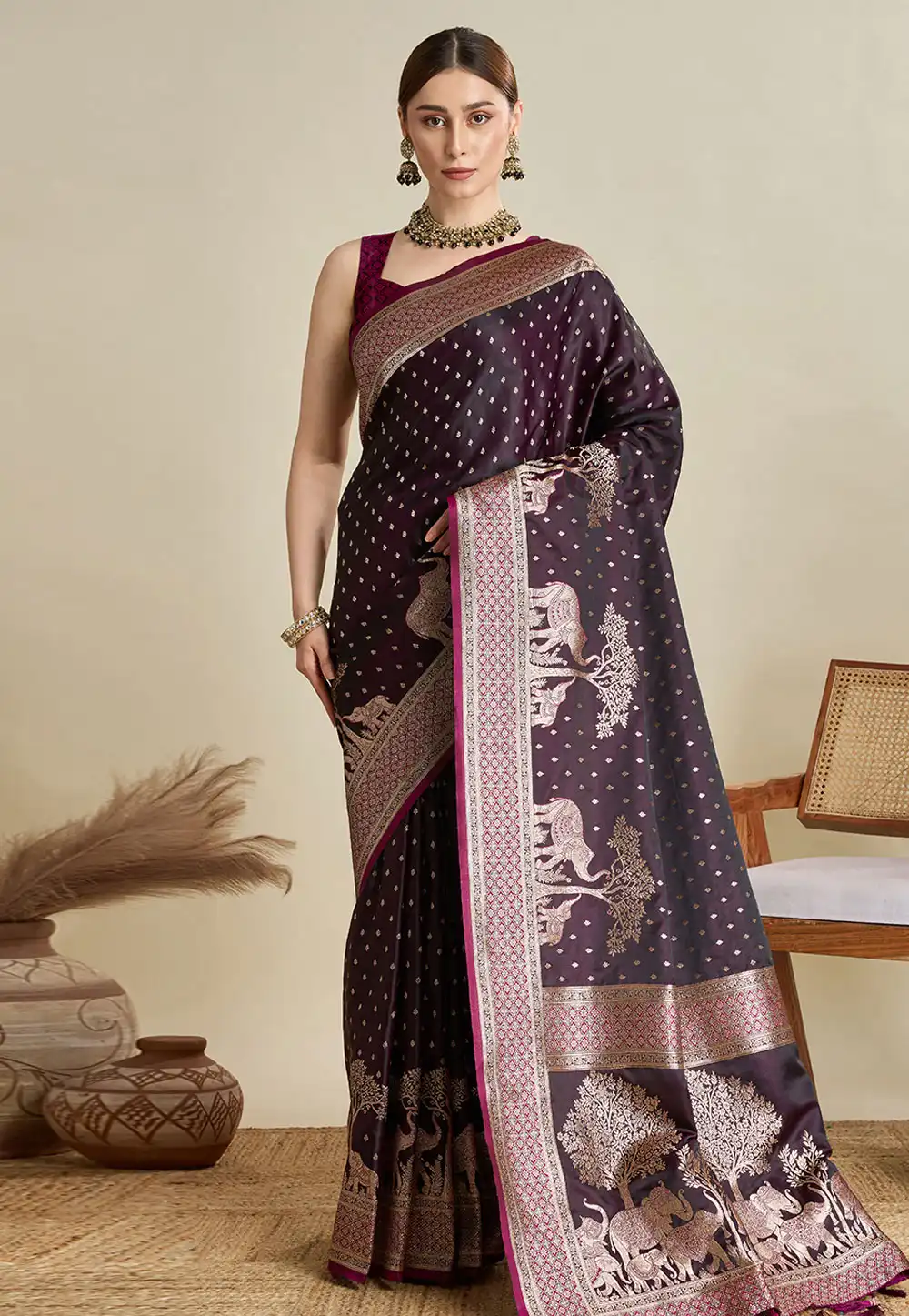 Wine Satin Silk Saree With Blouse 311804