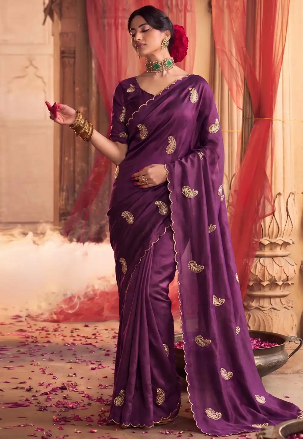 Wine Satin Silk Saree With Blouse 330028