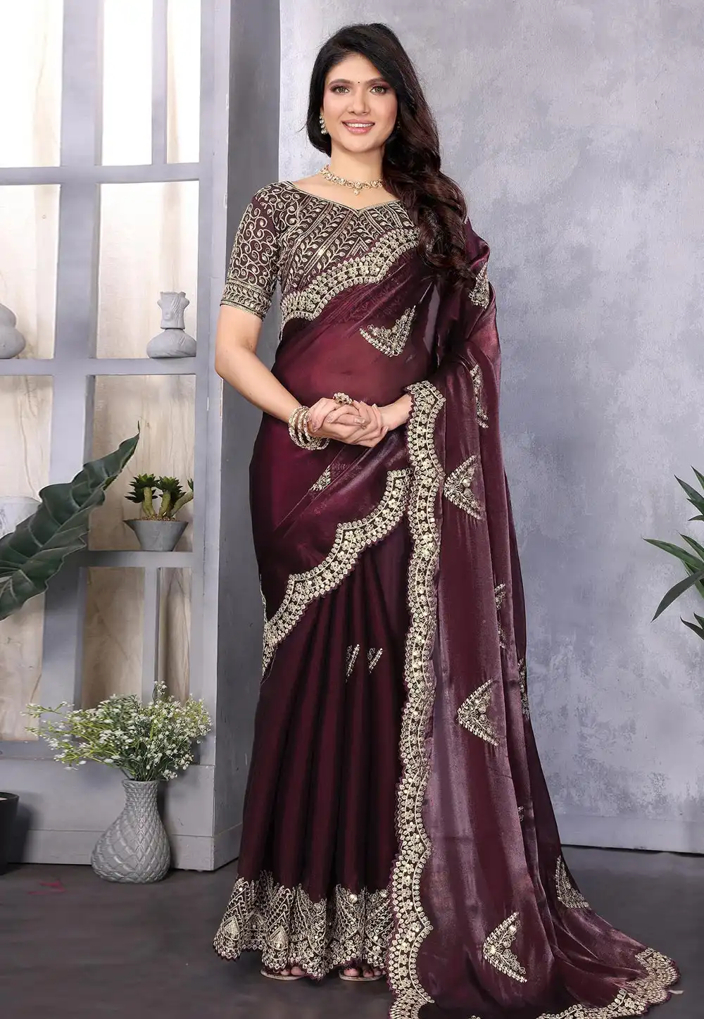 Wine Shimmer Chiffon Saree With Blouse 316149
