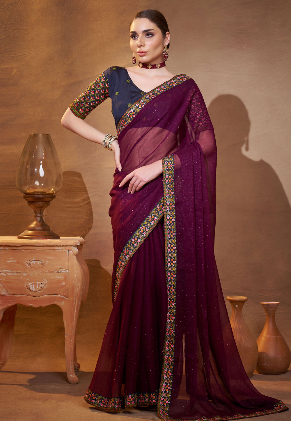 Wine Shimmer Chiffon Saree With Blouse 306490
