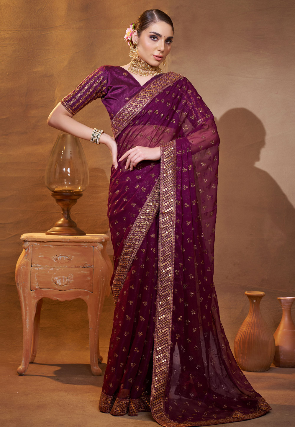 Wine Shimmer Chiffon Saree With Blouse 306986