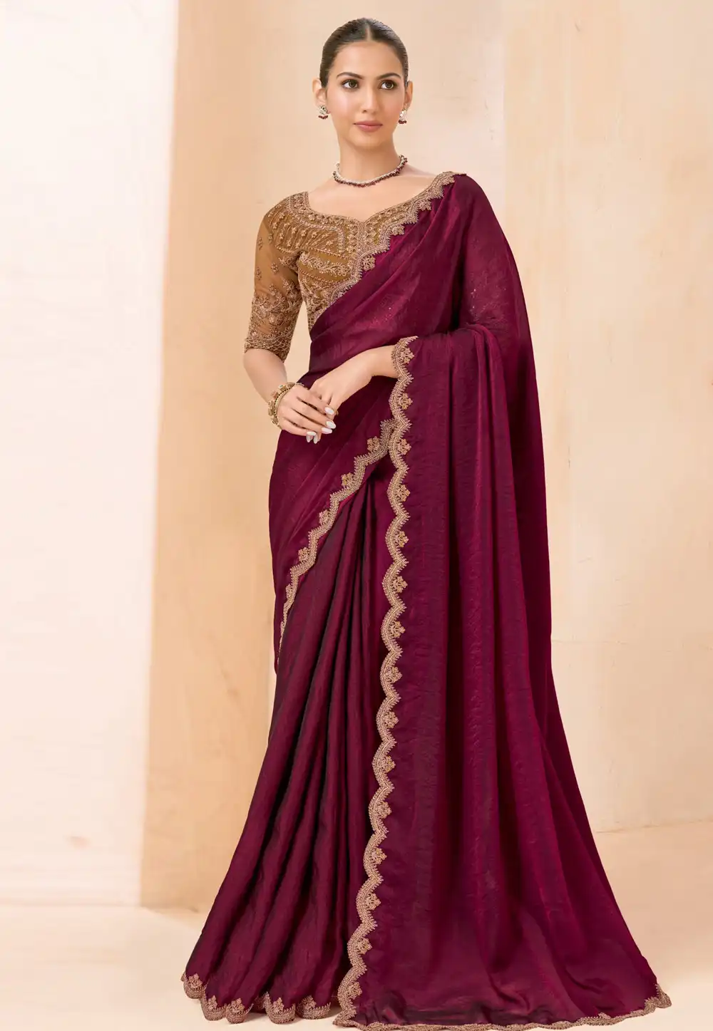 Wine Shimmer Georgette Saree With Blouse 327639