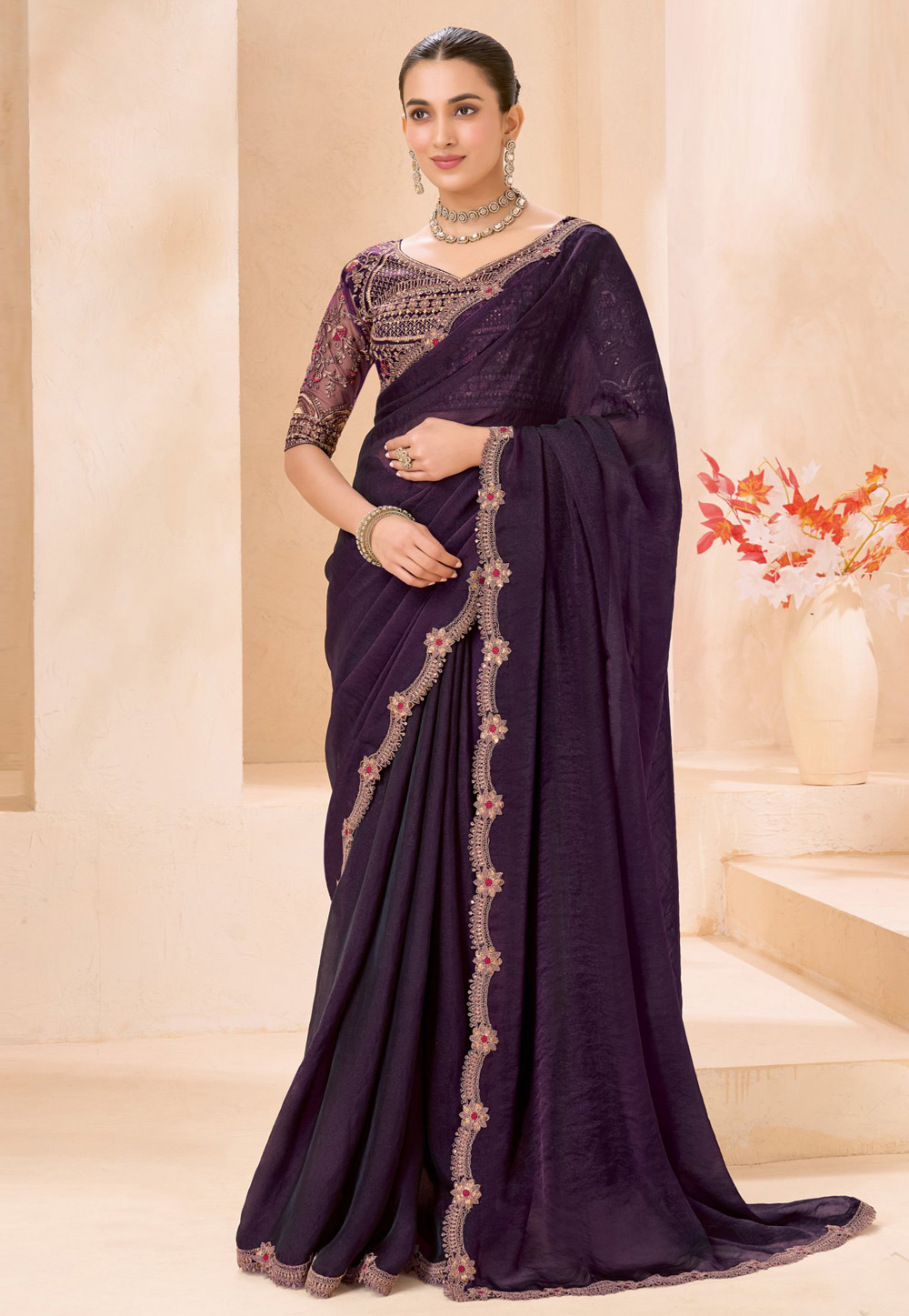 Wine Shimmer Georgette Saree With Blouse 327644