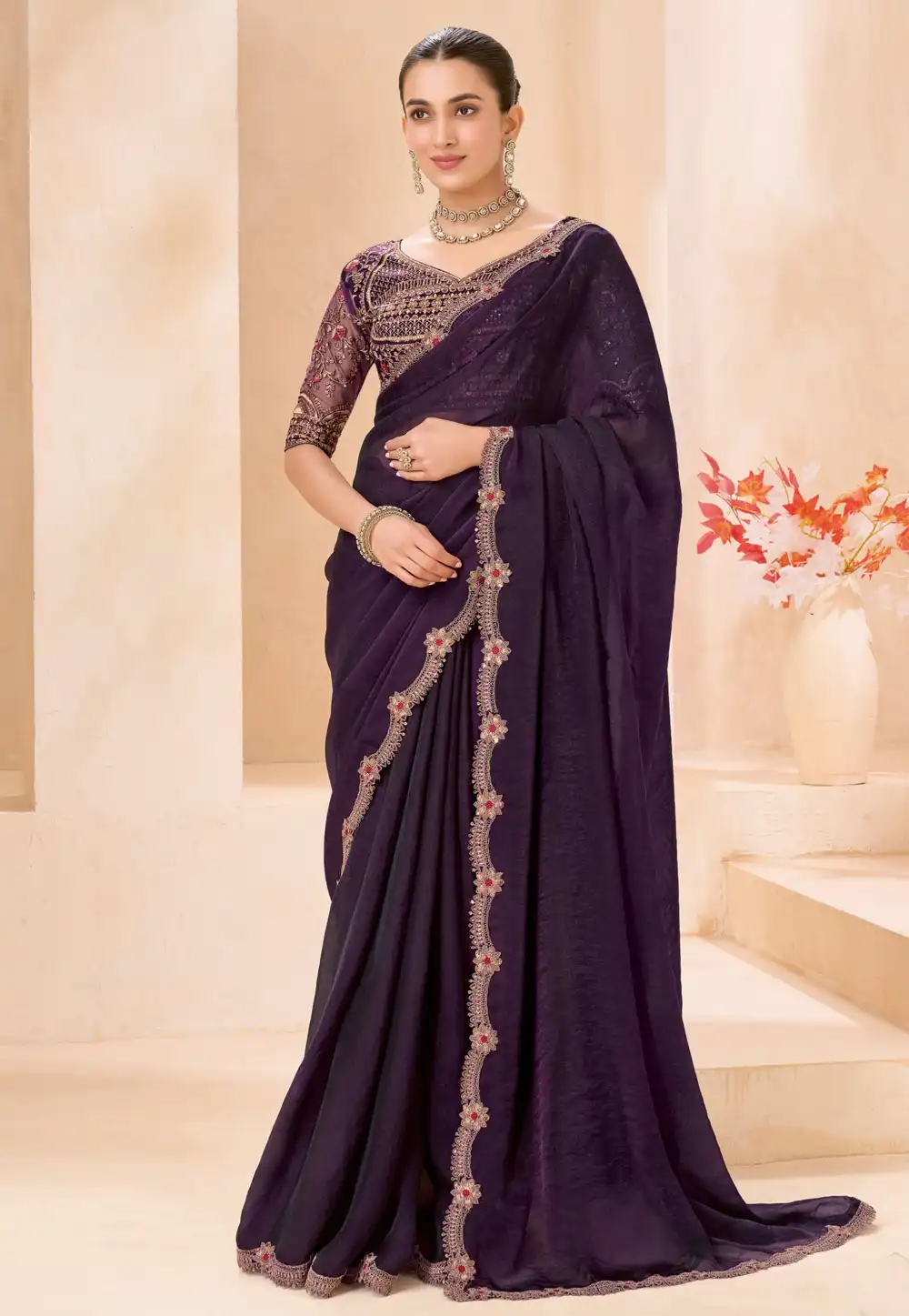 Wine Shimmer Georgette Saree With Blouse 327644