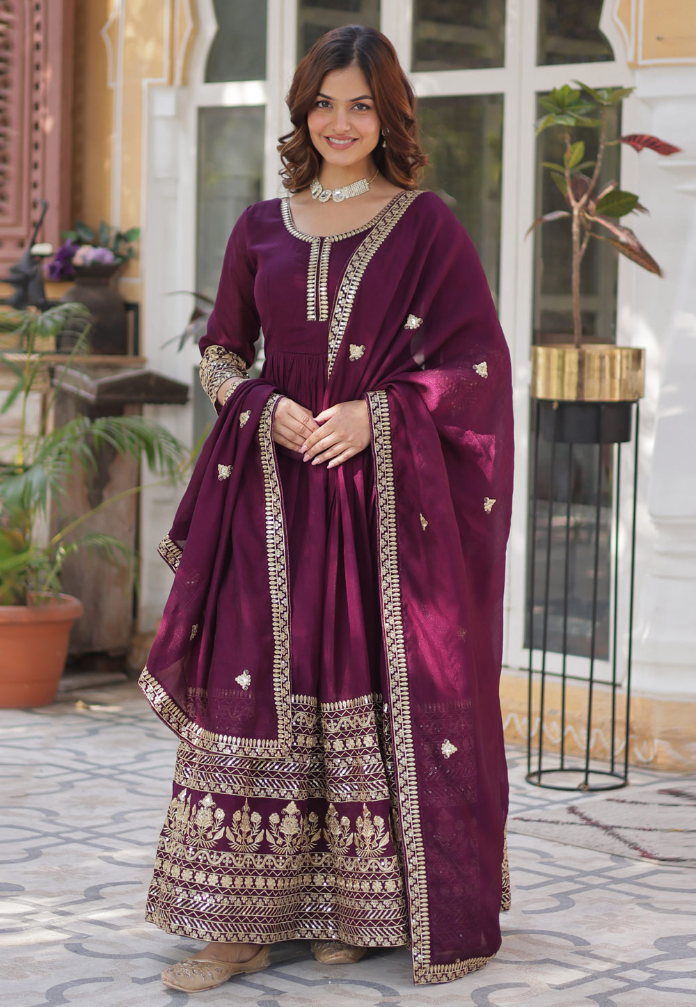 Wine Shimmer Readymade Long Anarkali Suit 306936