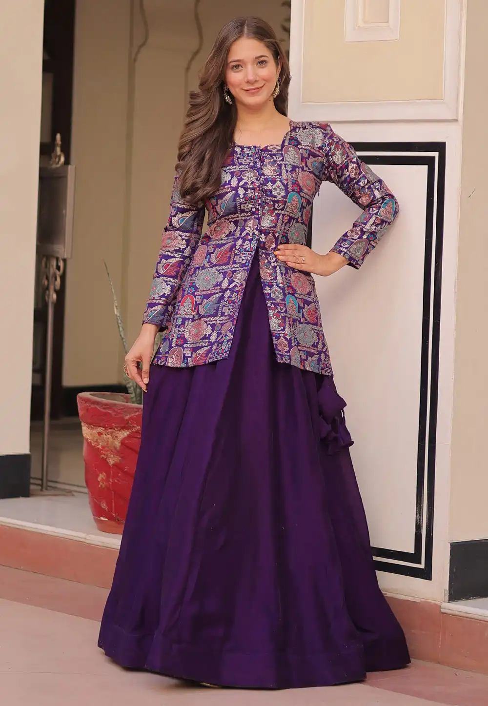 Wine Shimmer Readymade Long Choli Lehenga 312902